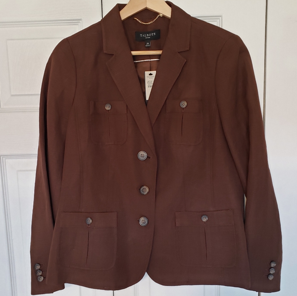 Talbots Sz 10P Brown Linen Blazer Jacket